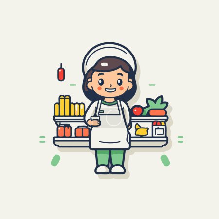 Illustration for Cartoon vector illustration of a little chef in apron and apron standing in front of shelves full of food - Royalty Free Image