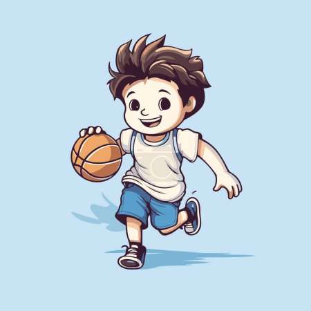 Téléchargez les illustrations : Dessin animé garçon jouant au basket sur fond bleu. Illustration vectorielle d'un garçon jouant au basket. - en licence libre de droit