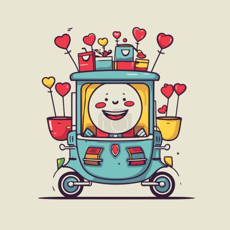 Illustration for Vector illustration of a cute cartoon robot with gifts on the wheels. - Royalty Free Image