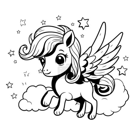 Ilustración de Ilustración de dibujos animados en blanco y negro de lindo personaje animal de fantasía unicornio con alas para colorear libro - Imagen libre de derechos