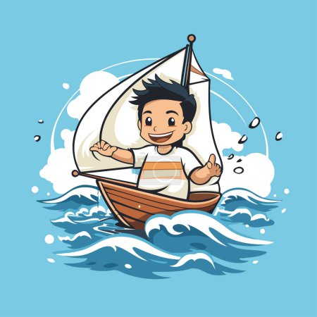 Téléchargez les illustrations : Garçon dans un voilier sur les vagues. Illustration vectorielle de dessin animé. - en licence libre de droit