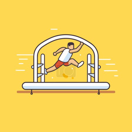 Illustration for Man running on a treadmill. Flat style vector illustration isolated on yellow background. - Royalty Free Image