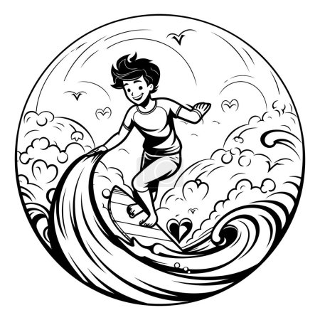 Illustration for Boy surfing on the waves in the form of a circle. Vector illustration. - Royalty Free Image