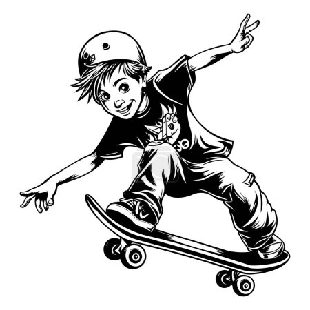 Junge Skateboarder auf Skateboard. Schwarz-weiße Vektorabbildung