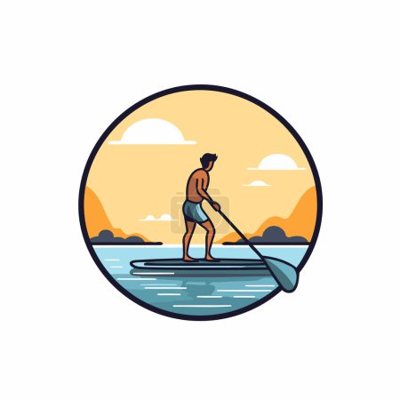 Illustration for Man on stand up paddle board. Vector illustration in retro style. - Royalty Free Image