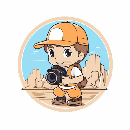 Illustration for Cute little boy with a camera in the desert. Vector illustration. - Royalty Free Image