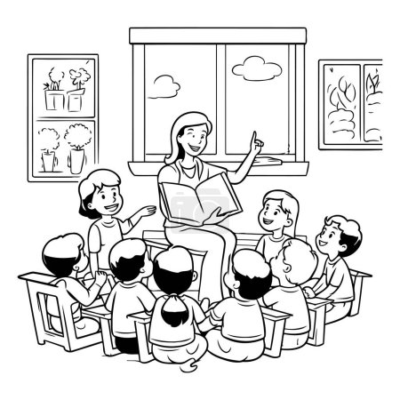 Téléchargez les illustrations : Fille lisant un livre avec des enfants dans le salon illustration vectorielle design graphique - en licence libre de droit