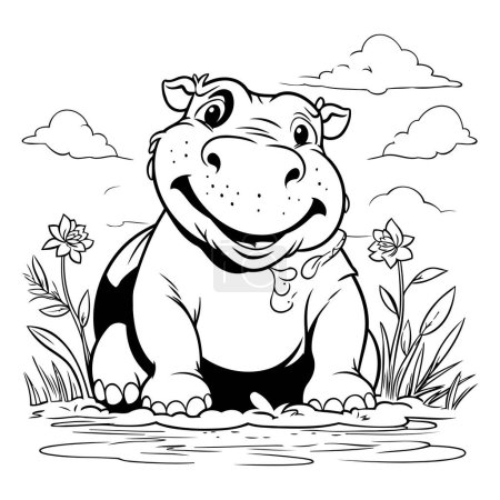Illustration for Hippopotamus - Black and White Cartoon Illustration. Vector - Royalty Free Image
