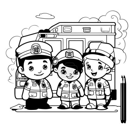 Téléchargez les illustrations : Pompiers et bande dessinée paramédicale en illustration vectorielle noir et blanc design graphique - en licence libre de droit