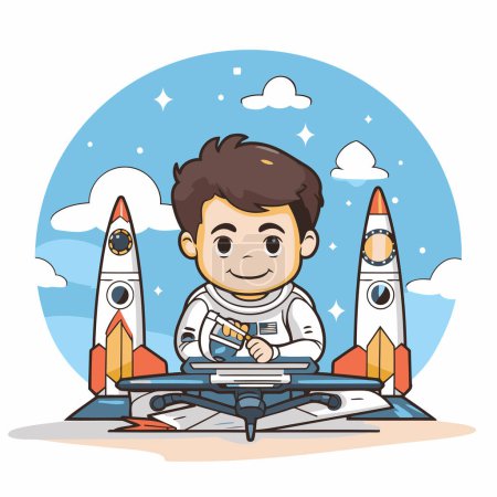 Téléchargez les illustrations : Joli garçon en costume d'astronaute assis sur une fusée. Illustration vectorielle. - en licence libre de droit