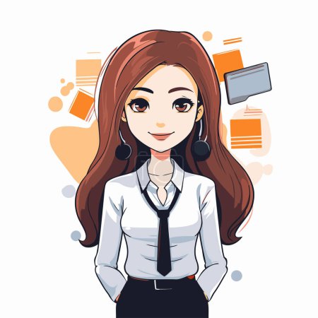 Téléchargez les illustrations : Illustration vectorielle d'une jeune femme d'affaires en costume avec écouteurs. - en licence libre de droit