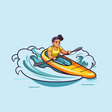 Illustration for Man in a kayak on a blue background. Vector illustration. - Royalty Free Image