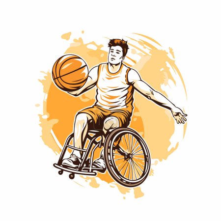 Téléchargez les illustrations : Un handicapé en fauteuil roulant jouant au basket. Illustration vectorielle. - en licence libre de droit
