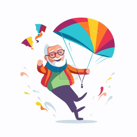 Ilustración de Feliz anciano saltando en paracaídas. Ilustración vectorial en estilo de dibujos animados. - Imagen libre de derechos