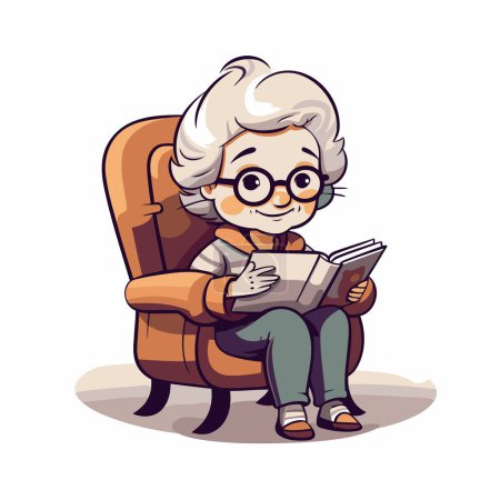 Abuela sentada en sillón y leyendo un libro. Ilustración vectorial.