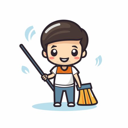 Illustration for Cute boy cleaning with broom and dustpan. Vector illustration. - Royalty Free Image
