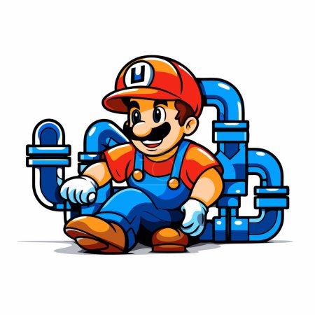 Illustration for Plumber cartoon character with pipes on white background. Vector illustration. - Royalty Free Image