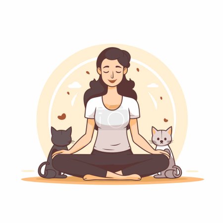 Woman meditating in lotus position with cat. Vector illustration.