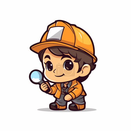 Illustration for Cute builder boy holding magnifying glass cartoon character vector illustration. - Royalty Free Image