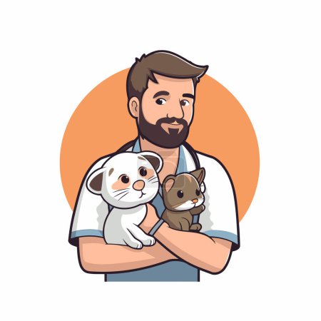 Téléchargez les illustrations : Vétérinaire avec chat et chien dessin animé icône vectoriel illustration conception graphique - en licence libre de droit