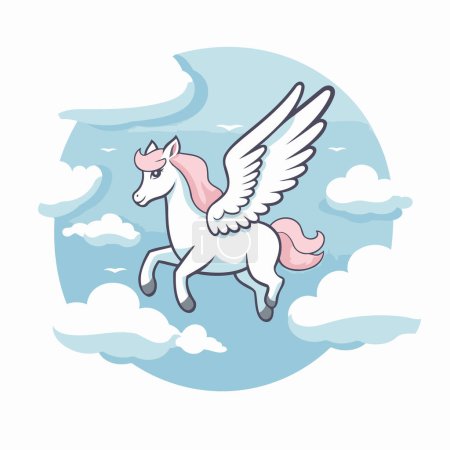 Téléchargez les illustrations : Licorne volant dans le ciel avec des nuages. Illustration vectorielle. - en licence libre de droit