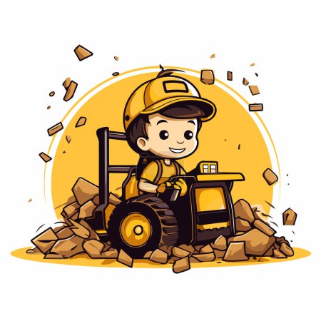 Téléchargez les illustrations : Joli garçon de dessin animé travaillant dans une mine de charbon. Illustration vectorielle. - en licence libre de droit