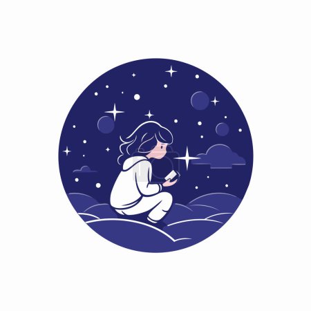 Ilustración de Ilustración vectorial de una niña leyendo un libro en el cielo nocturno. - Imagen libre de derechos
