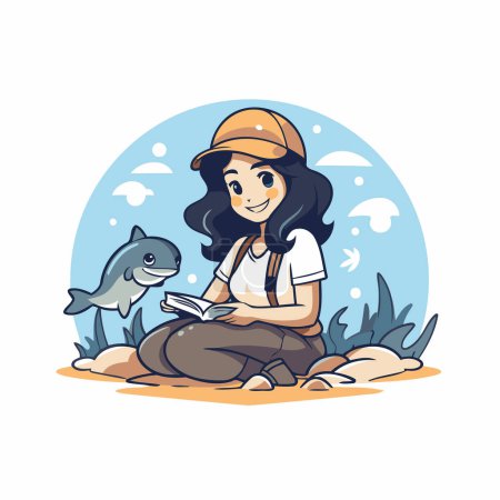 Girl sitting on the grass and reading a book. Vector illustration.