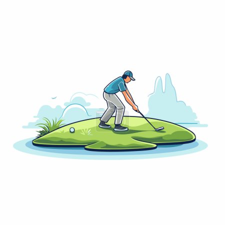 Téléchargez les illustrations : Golfeur sur le terrain de golf. Illustration vectorielle de style plat. - en licence libre de droit