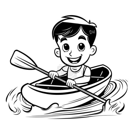 Illustration for Cartoon boy rowing a kayak. Black and white vector illustration. - Royalty Free Image
