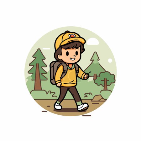 Téléchargez les illustrations : Illustration vectorielle d'un garçon marchant dans les bois. Caractère de bande dessinée. - en licence libre de droit