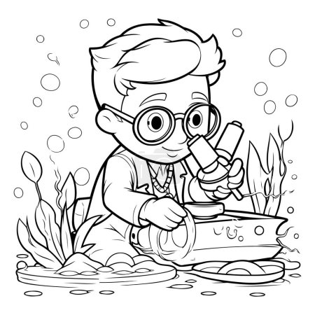 Ilustración de Ilustración de dibujos animados en blanco y negro del niño que estudia bajo el agua con microscopio para colorear libro - Imagen libre de derechos