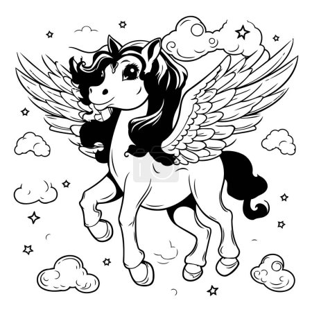 Téléchargez les illustrations : Illustration de dessin animé noir et blanc de licorne volante avec des ailes pour livre à colorier - en licence libre de droit