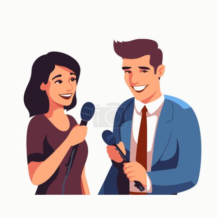 Ilustración de Hombre y mujer cantando karaoke juntos. Ilustración vectorial en estilo de dibujos animados - Imagen libre de derechos