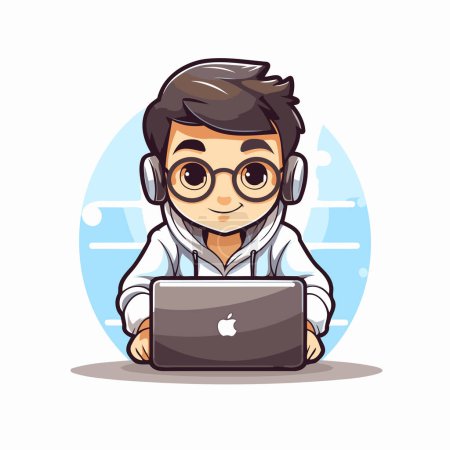 Illustration for Cute boy with headset and laptop computer. Vector illustration in cartoon style. - Royalty Free Image