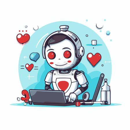 Illustration for Cute robot working on laptop. Vector illustration in cartoon style. - Royalty Free Image