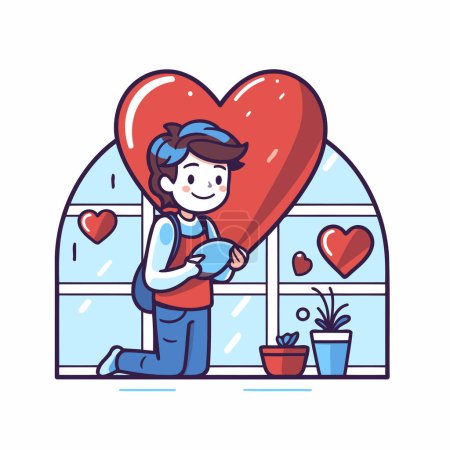 Téléchargez les illustrations : Illustration vectorielle d'un garçon avec un grand cœur rouge dans les mains. Concept de Saint-Valentin. - en licence libre de droit