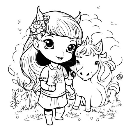 Ilustración de Linda niña con unicornio. Ilustración vectorial para colorear libro. - Imagen libre de derechos