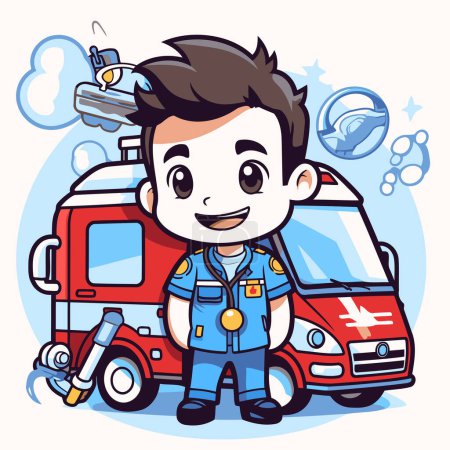 Ilustración de Bombero de uniforme con camión de bomberos. Ilustración vectorial del personaje de dibujos animados. - Imagen libre de derechos