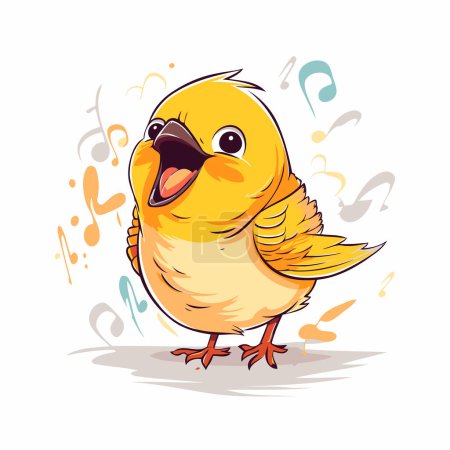 Illustration for Cute little yellow bird singing isolated on white background. Vector illustration. - Royalty Free Image