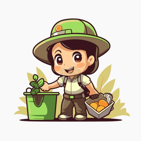 Téléchargez les illustrations : Mignon petit garçon jardinier avec des outils de jardinage. Illustration vectorielle. - en licence libre de droit