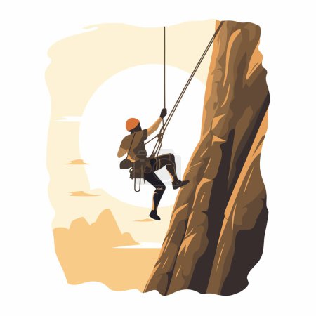 Illustration for Man climbing on a cliff. Vector illustration in flat cartoon style. - Royalty Free Image