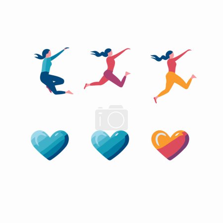 Ilustración de Chica feliz saltando y corriendo con corazones. Ilustración vectorial en estilo plano. - Imagen libre de derechos