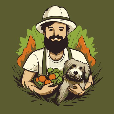 Téléchargez les illustrations : Fermier avec un chien et des légumes à la main. Illustration vectorielle - en licence libre de droit