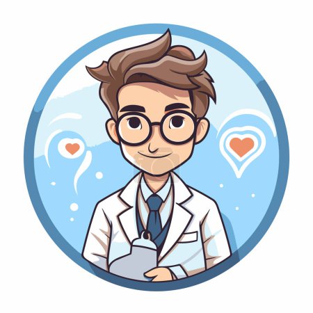 Illustration for Young man doctor cartoon in round icon vector illustration graphic design vector illustration graphic design - Royalty Free Image