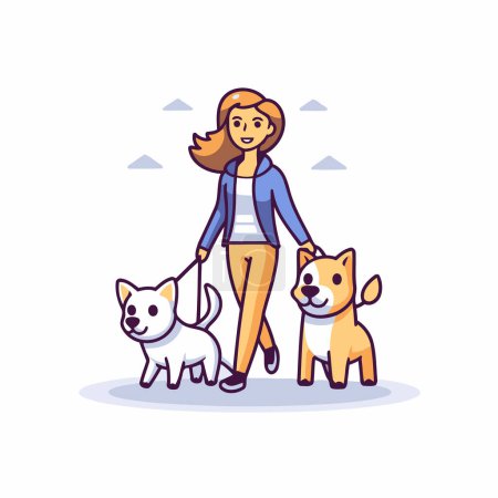 Téléchargez les illustrations : Jeune femme marchant avec des chiens mignons. Illustration vectorielle en style plat. - en licence libre de droit