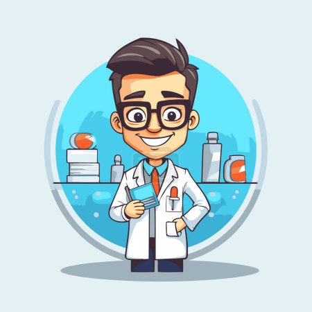 Téléchargez les illustrations : Illustration vectorielle d'un jeune homme en lunettes tenant une bouteille de médicament - en licence libre de droit