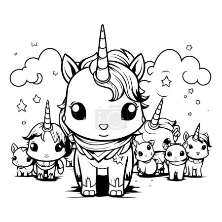 Ilustración de Lindo unicornio de dibujos animados con varita mágica y pequeños unicornios. Ilustración vectorial. - Imagen libre de derechos