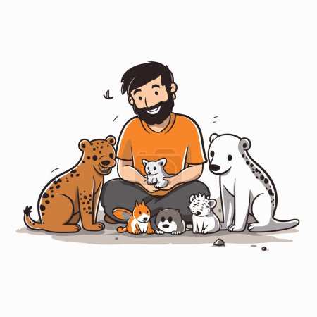 Téléchargez les illustrations : Homme et animaux domestiques. Illustration vectorielle d'un homme avec un chien et des chats. - en licence libre de droit
