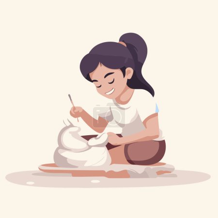 Téléchargez les illustrations : Une fille peignant un lapin blanc. Illustration vectorielle dans un style plat. - en licence libre de droit